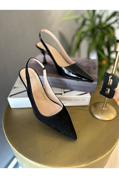 BABLACK حذاء بكعب من الجلد الطبيعي ذو مقدمة مدببة من جلد الغزال باللون الأسود