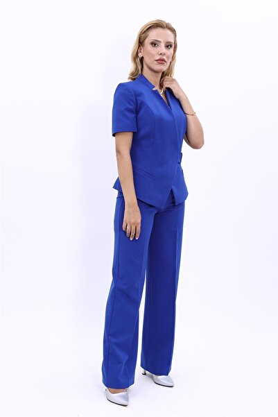 ÖNDER ÖZSOY Tokalı Kısa Kollu Ceket & Bol Paça Pantolon Takım-Saks