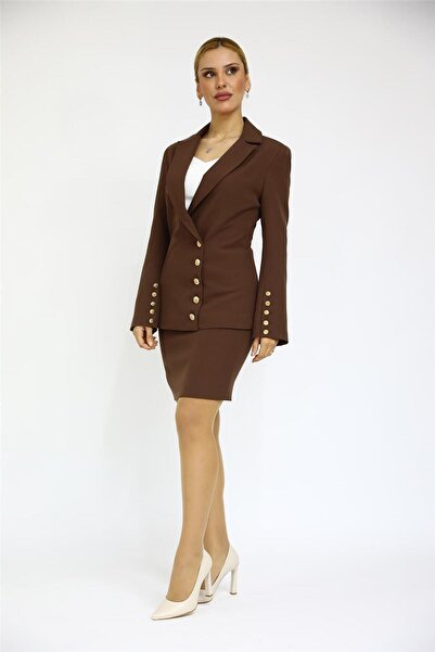 ÖNDER ÖZSOY İspanyol Kol Ceket & Kısa Kalem Etek Takım-Kestane