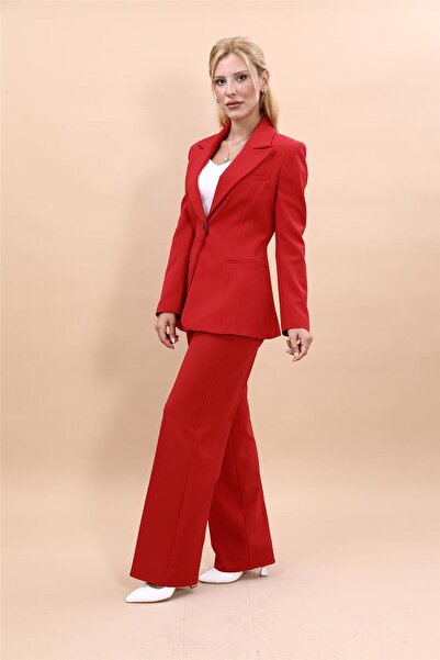ÖNDER ÖZSOY Erkek Yaka Tek Düğmeli Klasik Ceket & Bol Paça Pantolon Takım-Kırmızı