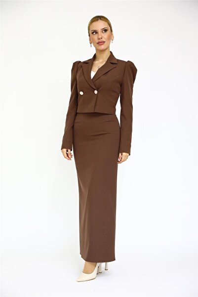 ÖNDER ÖZSOY Shirt Collar Short Jacket & Long Straight Tight Skirt - Chestnut ...