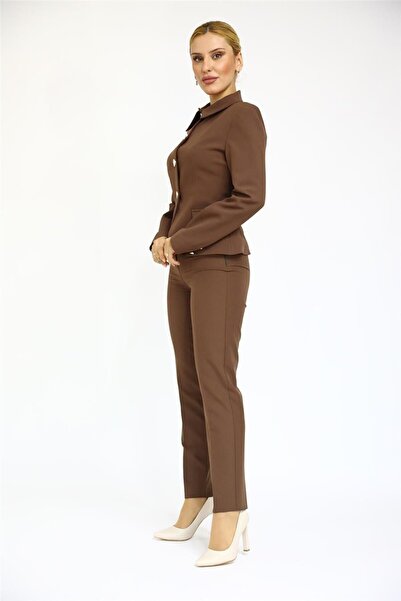 ÖNDER ÖZSOY Peplum Ceket & Boru Paça Pantolon Takım-Kestane