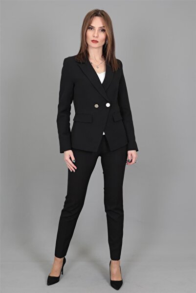 ÖNDER ÖZSOY Kurvaze Çapraz Ceket & Boru Paça Pantolon Takım-siyah