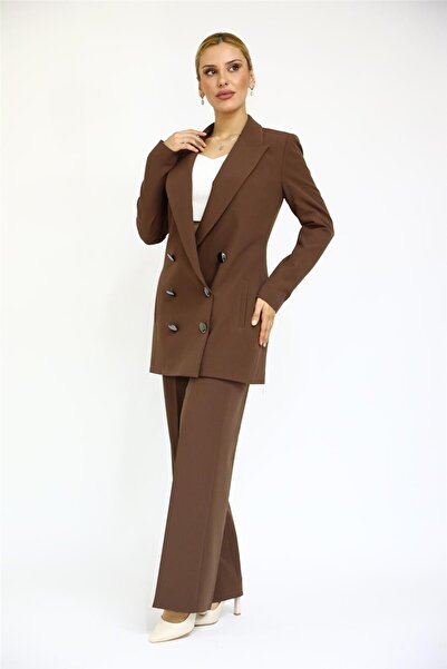 ÖNDER ÖZSOY Uzun Klasik Blazer Ceket & Bol Paça Pantolon Takım-Kestane
