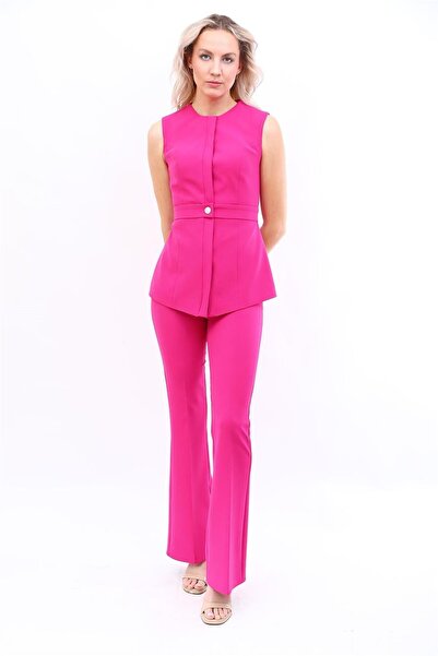 ÖNDER ÖZSOY Zero Neckline Belted Vest & Spanish Leg Pants-Fuchsia