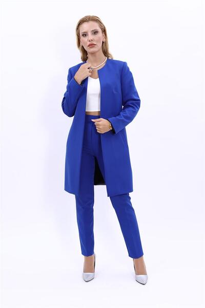 ÖNDER ÖZSOY Zero Collar Plain Long Jacket & Skinny Leg Trousers-Cobalt Blue -...