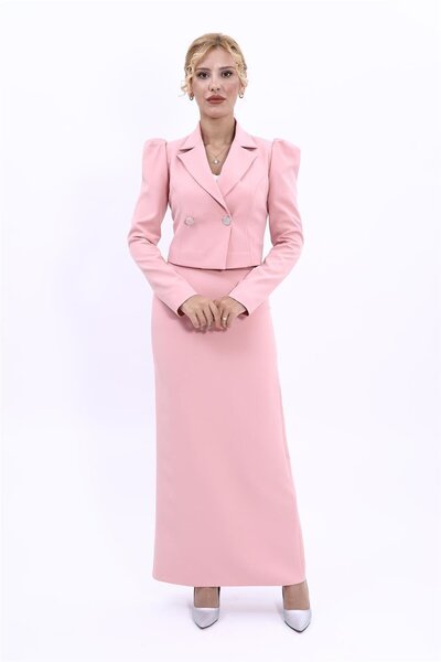 ÖNDER ÖZSOY Cep Torbalı Ceket & Uzun Kalem Etek Takım-Pudra