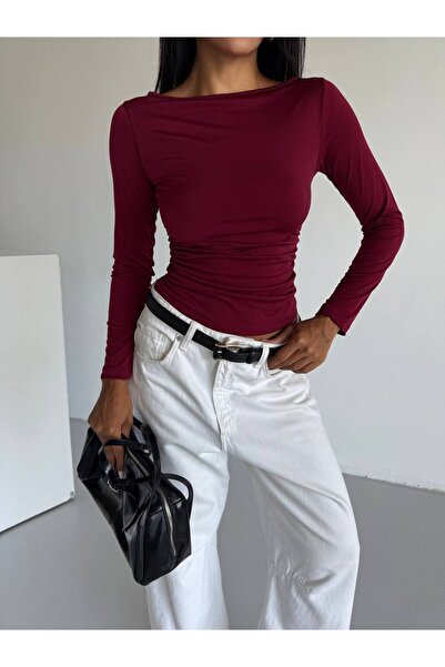 WEELONG Bluză de damă cu gât barcă și mânecă lungă, roșu claret