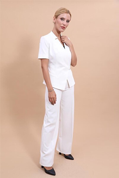 ÖNDER ÖZSOY Tokalı Kısa Kollu Ceket & Bol Paça Pantolon Takım-Ekru