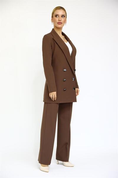 ÖNDER ÖZSOY Uzun Klasik Blazer Ceket & Bol Paça Pantolon Takım-Kestane