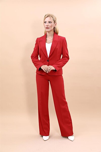 ÖNDER ÖZSOY Men's Lapel Single Button Classic Jacket & Wide Leg Trousers-Red