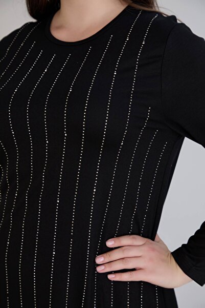 FOR ESRA BIG TREND Γυναικείο φόρεμα μεγάλου μεγέθους με πέτρινες ρίγες, δερμάτινη εμφάνιση, μακρυμάνικο, με λαιμόκοψη, ελαστικό μάξι φόρεμα από βισκόζη