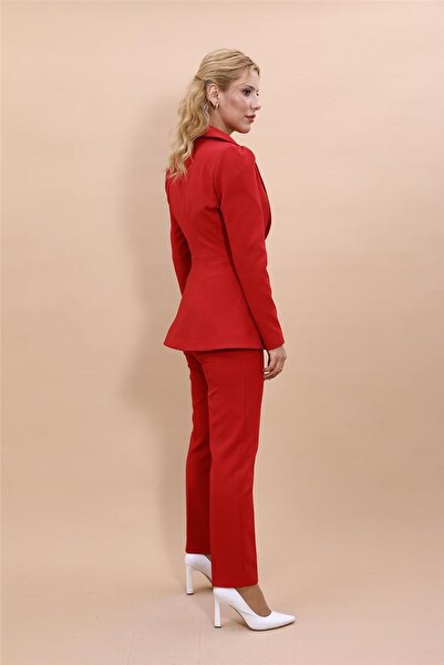 ÖNDER ÖZSOY Midi Boy Drape Kol Ceket & Boru Paça Pantolon Takım-Kırmızı