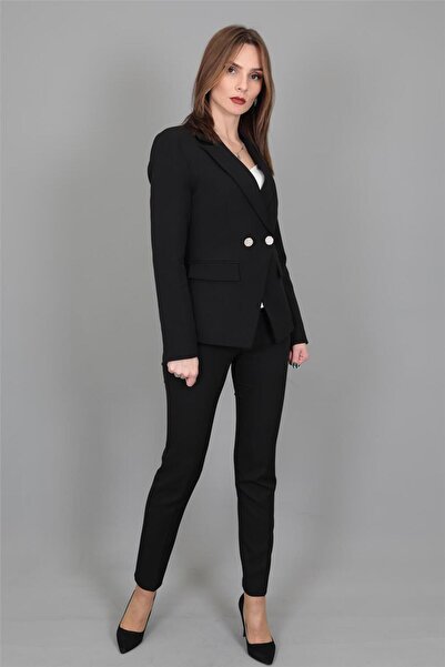 ÖNDER ÖZSOY Kurvaze Çapraz Ceket & Boru Paça Pantolon Takım-siyah