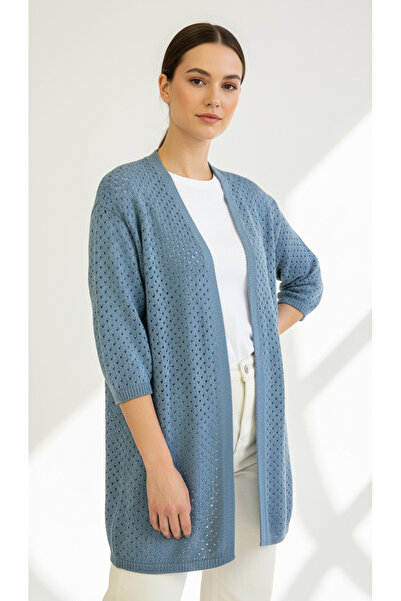 Digz fashion Blue Perforated Fakir Sleeve Long Knitwear Tunic Cardigan