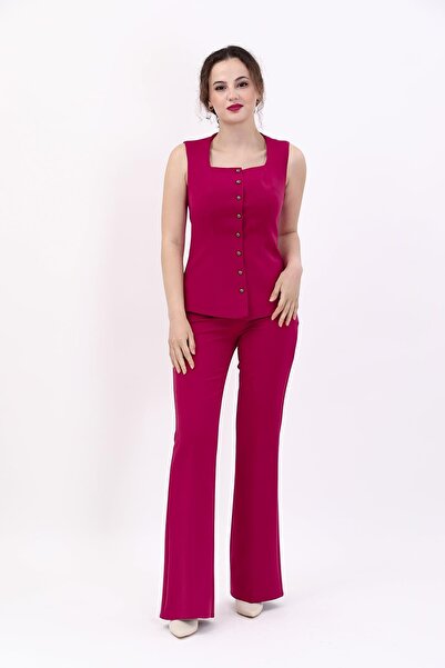 ÖNDER ÖZSOY Boydan Düğmeli Yelek & Ispanyol Paça Pantolon Takım-bordo