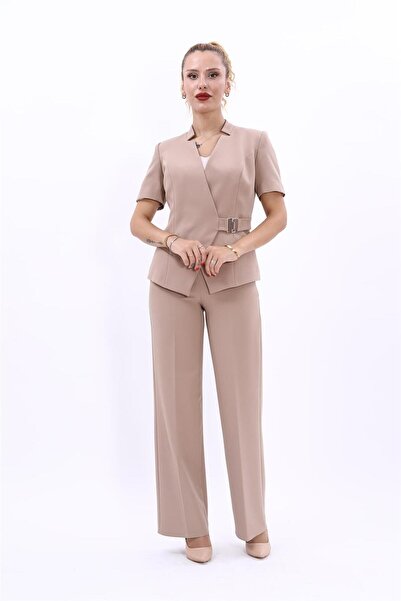 ÖNDER ÖZSOY Tokalı Kısa Kollu Ceket & Bol Paça Pantolon Takım-Taş