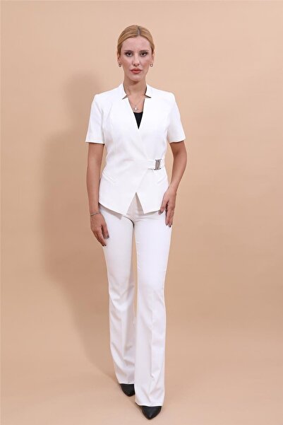 ÖNDER ÖZSOY Tokalı Kısa Kollu Ceket & İspanyol  Paça Pantolon Takım-Ekru