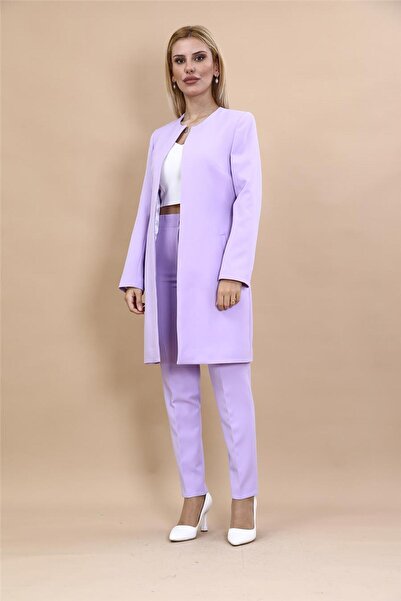 ÖNDER ÖZSOY Zero Collar Plain Long Jacket & Skinny Leg Trousers-Violet - 1005510