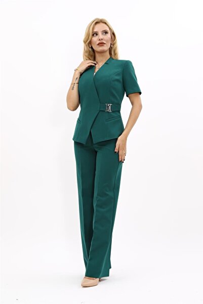 ÖNDER ÖZSOY Tokalı Kısa Kollu Ceket & Bol Paça Pantolon Takım-Zümrüt
