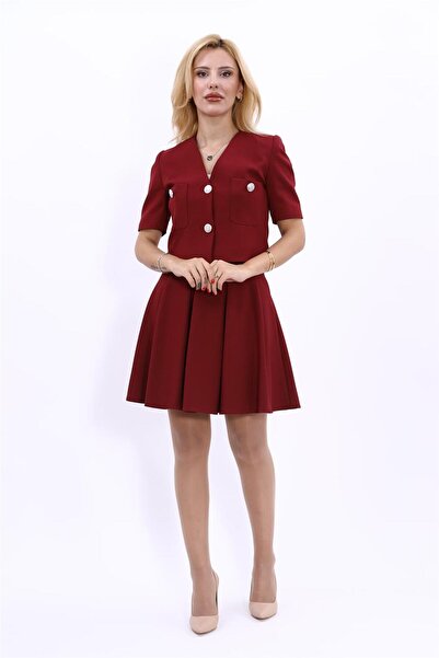 ÖNDER ÖZSOY V Yaka Kısa Ceket & Kısa Kloş Etek-Bordo