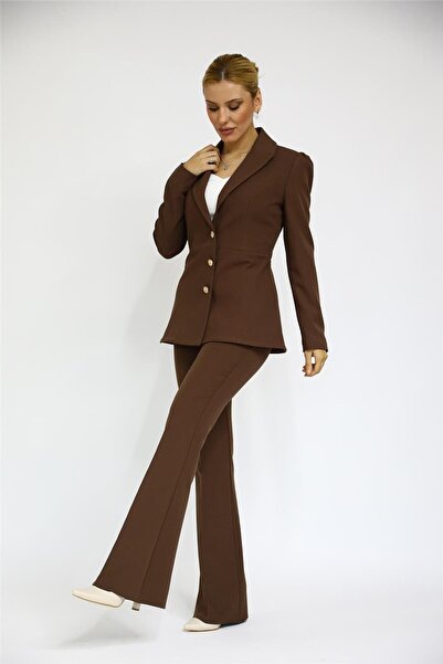 ÖNDER ÖZSOY Erkek Yaka Kolu Büzgülü Ceket & İspanyol Paça Pantolon-Kestane