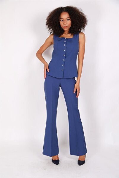 ÖNDER ÖZSOY Kare Yaka Kuplu Yelek & İspanyol Paça Pantolon-İndigo