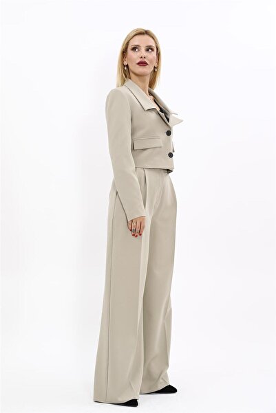 ÖNDER ÖZSOY Gömlek Yaka Kısa Ceket & Korsaj Kemer Yüksek Bel Palazzo Pantolon-Bambu