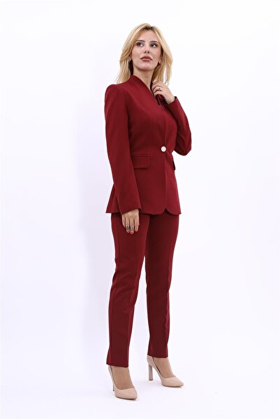 ÖNDER ÖZSOY Büyük Beden - Yakasız Ceket  & Boru Paça Pantolon Takım-Bordo
