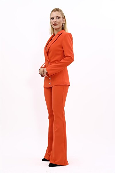 ÖNDER ÖZSOY Erkek Yaka Düğme Detaylı Ceket & İspanyol Paça Pantolon-Turuncu