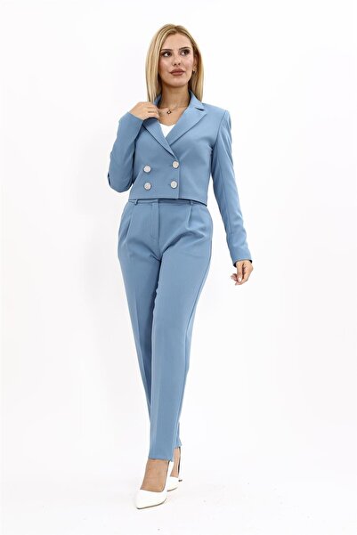 ÖNDER ÖZSOY Mini Blazer Ceket & Pileli Paça Pantolon Takım-Açık Mavi