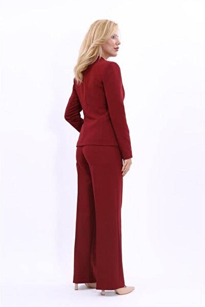 ÖNDER ÖZSOY Single Button Classic Jacket & Wide Leg Trousers-Burgundy