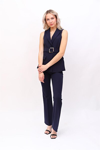 ÖNDER ÖZSOY Kemerli Klasik Yelek & İspanyol Paça Pantolon Takım-Lacivert