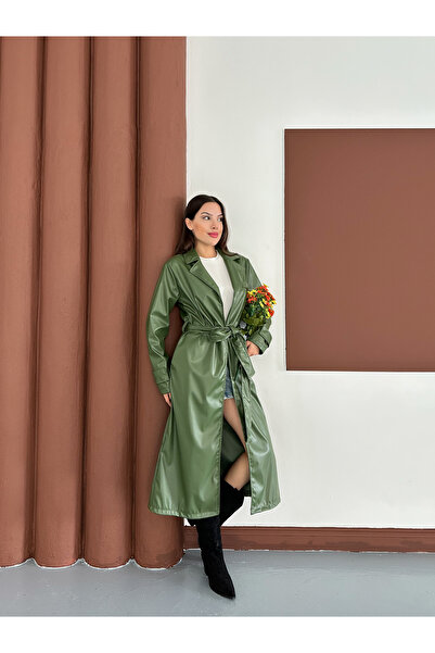 OTAKU Kadın Kruvaze Kapama Mevsimlik Suni Deri Trençkot