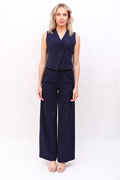 ÖNDER ÖZSOY Kruvaze Çapraz Yelek & Yüksek Bel Bol Paça Pantolon-Lacivert