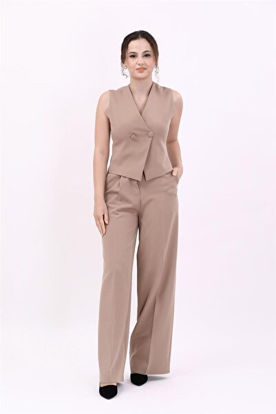 ÖNDER ÖZSOY Kruvaze Çapraz Yelek & Yüksek Bel Bol Paça Pantolon-Taş