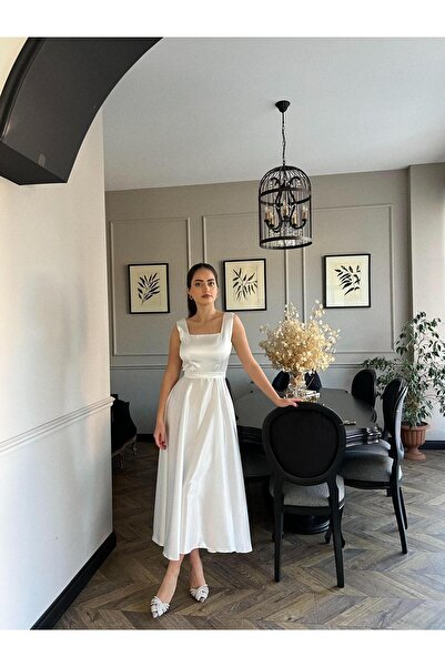 DİSE KADIN BEYAZ LADY KALIN ASKILI MİDİ BOY ABİYE ELBİSE