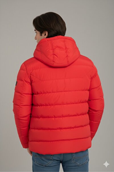 MYRAB DENİM Men's Red Hooded Fleece Fur Waterproof Wind Resistant Puffer Jacket Coat Parka