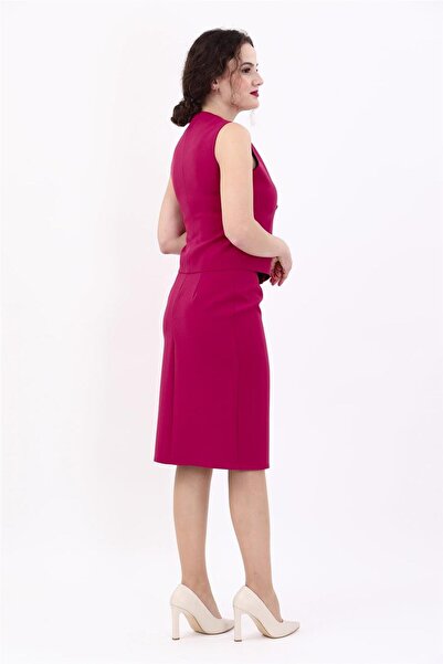 ÖNDER ÖZSOY Kruvaze Çapraz Yelek & Yırtmaçlı Düz Dar Etek-Bordo