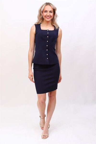 ÖNDER ÖZSOY Buttoned Vest & Short Pencil Skirt Set - Navy Blue - 1511502