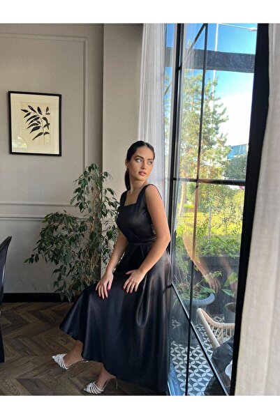 DİSE KADIN SİYAH LADY KALIN ASKILI MİDİ BOY ABİYE ELBİSE