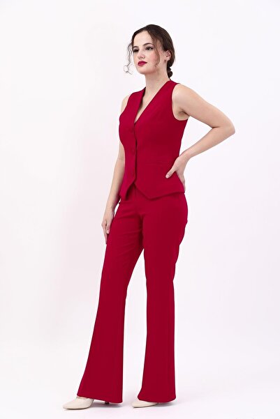 ÖNDER ÖZSOY Klasik Yelek & İspanyol Paça Pantolon Takım-Kırmızı