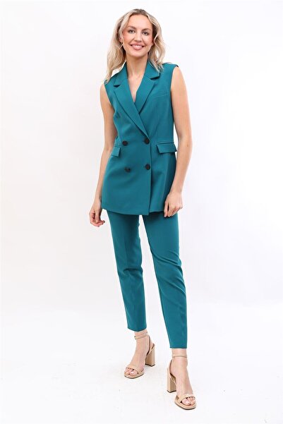 ÖNDER ÖZSOY Blazer Yelek & Boru Paça Pantolon-Petrol - 1523510