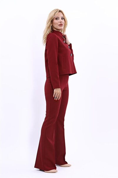 ÖNDER ÖZSOY Boydan Düğmeli Mini Ceket & İspanyol  Paça Pantolon Takım-Bordo