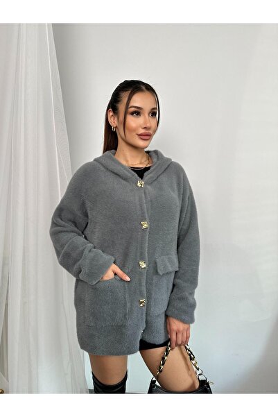 TOFİX textile Triko Winter Hoodie Button Front Cargo Pocket Cardigan