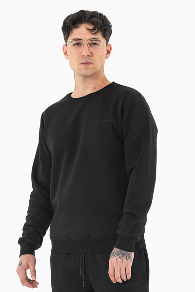 Souris Siyah Rahat Kalıp Bisiklet Yaka 3 iplik Şardonlu Erkek Sweatshirt