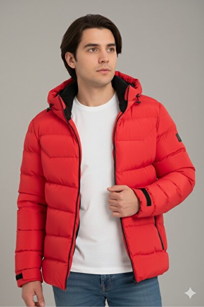 MYRAB DENİM Men's Red Hooded Fleece Fur Waterproof Wind Resistant Puffer Jacket Coat Parka