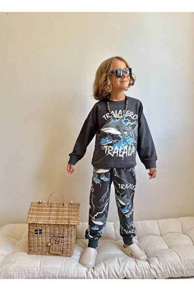 Kids Shark Printed Anthracite Colored Top and Bottom Set