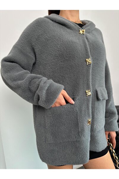 TOFİX textile Triko Winter Hoodie Button Front Cargo Pocket Cardigan