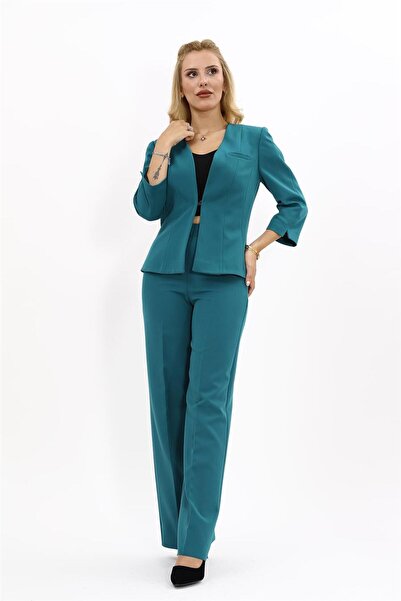ÖNDER ÖZSOY V-Neck Short Jacket & Wide-Leg Pants Set-Petrol - 1016520
